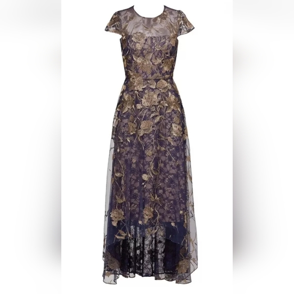 Navy and Gold Floral High Low Dress - Picture 2 of 7